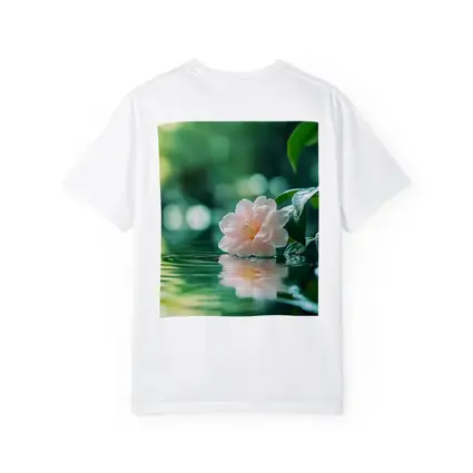 Pink Camellia Floating on Green Water
