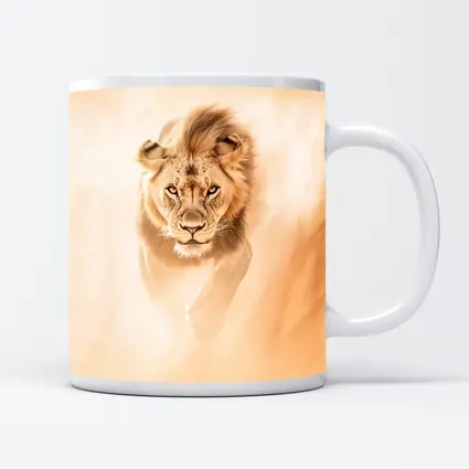 Lion Walking Forward Warm Sandy Background