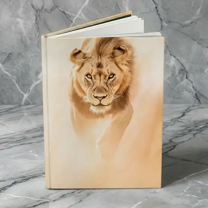 Lion Walking Forward Warm Sandy Background