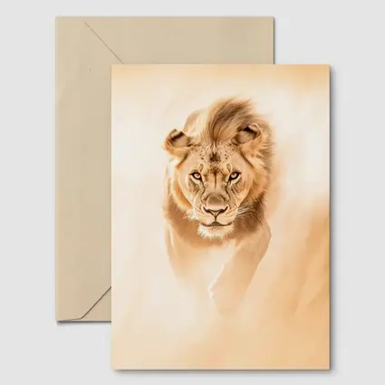 Lion Walking Forward Warm Sandy Background