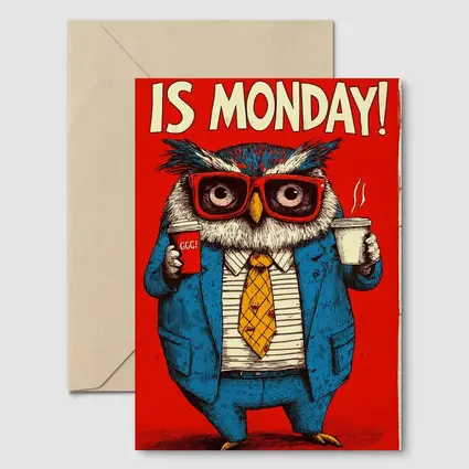 Grumpy Owl Monday Coffee Red Background