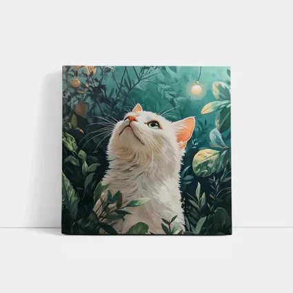 White Cat Looking Up Lush Green Garden