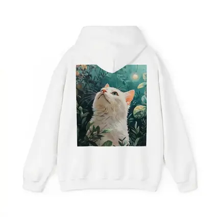 White Cat Looking Up Lush Green Garden
