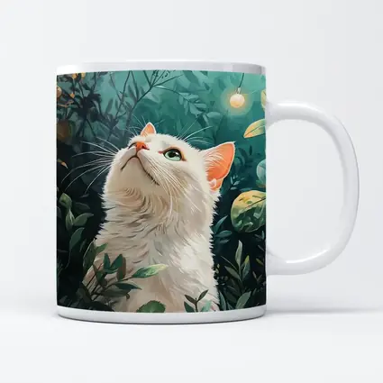 White Cat Looking Up Lush Green Garden