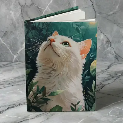 White Cat Looking Up Lush Green Garden
