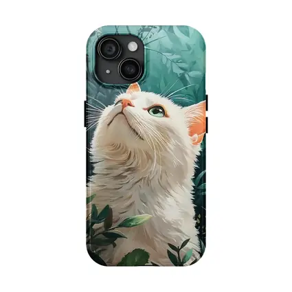 White Cat Looking Up Lush Green Garden