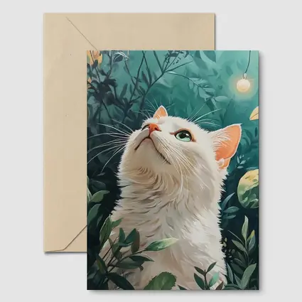 White Cat Looking Up Lush Green Garden