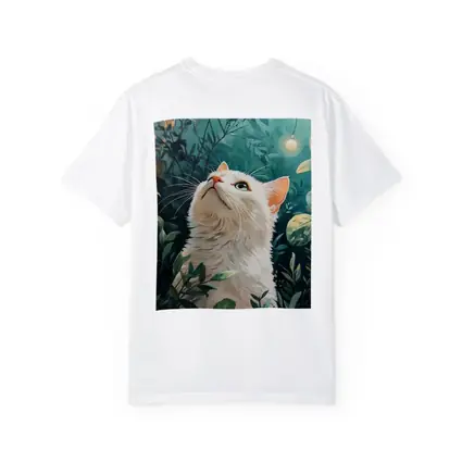 White Cat Looking Up Lush Green Garden