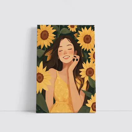 Smiling Girl Among Yellow Sunflowers Illustration