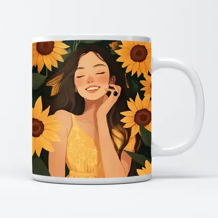 Smiling Girl Among Yellow Sunflowers Illustration
