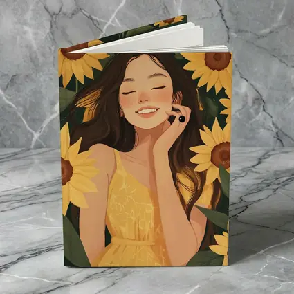 Smiling Girl Among Yellow Sunflowers Illustration