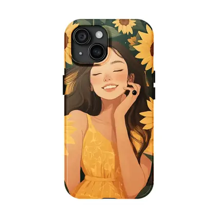 Smiling Girl Among Yellow Sunflowers Illustration