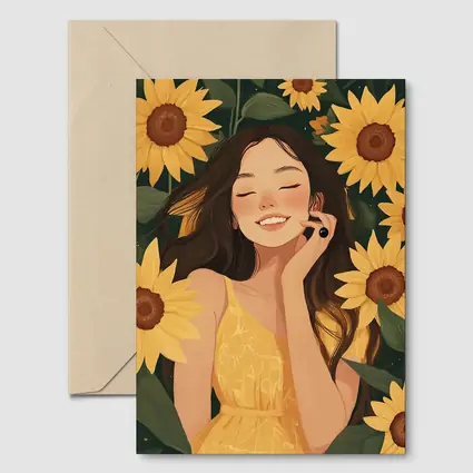 Smiling Girl Among Yellow Sunflowers Illustration