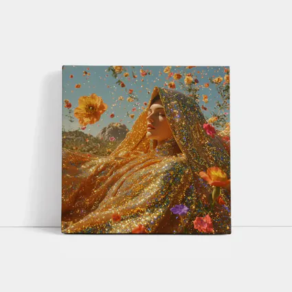 Golden Glitter Woman Surrounded By Flowers