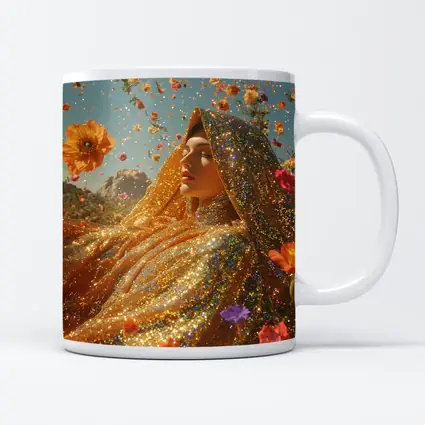 Golden Glitter Woman Surrounded By Flowers
