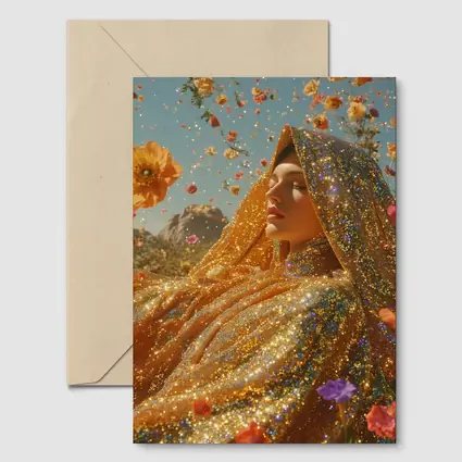 Golden Glitter Woman Surrounded By Flowers