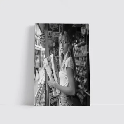 Young Woman Newspaper Stand Black White Street