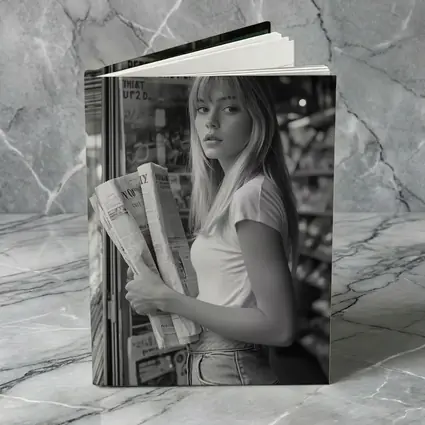 Young Woman Newspaper Stand Black White Street