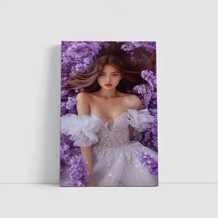 Woman White Gown Surrounded By Purple Flowers