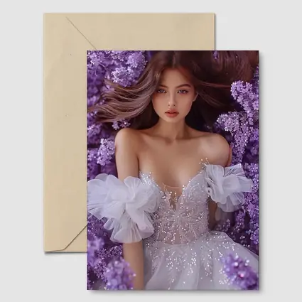 Woman White Gown Surrounded By Purple Flowers