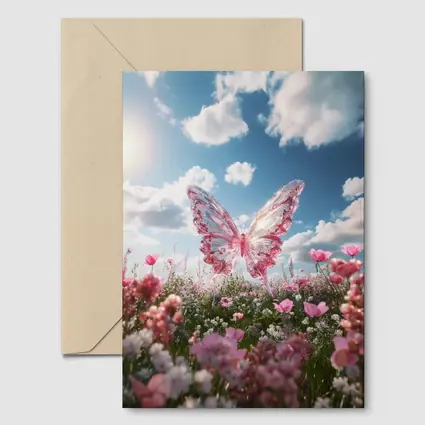 Crystal Butterfly Pink Flowers Blue Sky