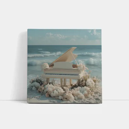 White Grand Piano Beach Ocean Floral Scene