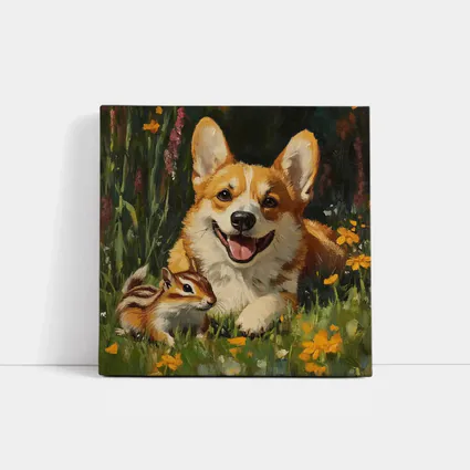 Corgi and Chipmunk Oil Painting Floral Meadow