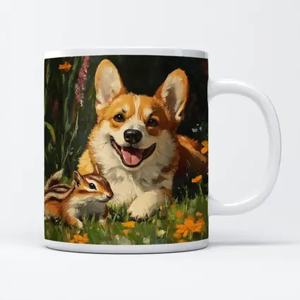 Corgi and Chipmunk Oil Painting Floral Meadow