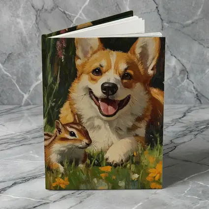 Corgi and Chipmunk Oil Painting Floral Meadow