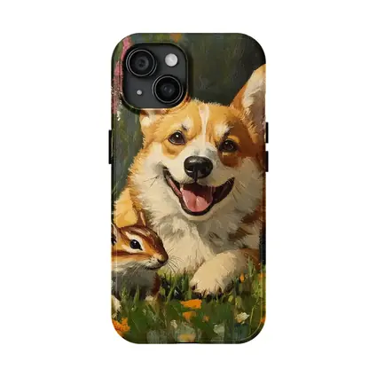 Corgi and Chipmunk Oil Painting Floral Meadow