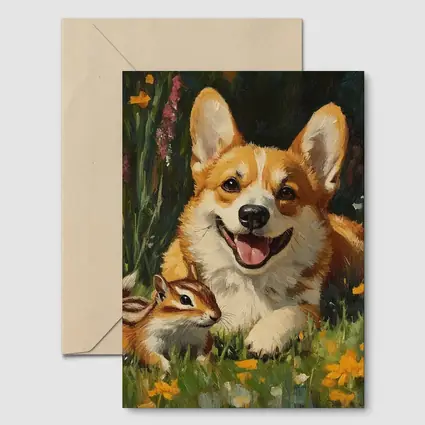 Corgi and Chipmunk Oil Painting Floral Meadow