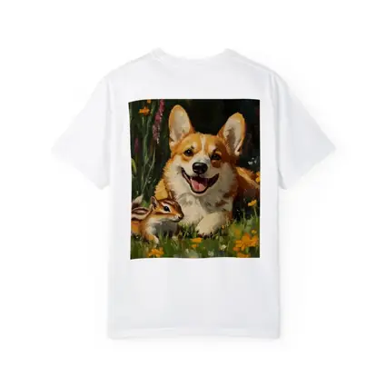Corgi and Chipmunk Oil Painting Floral Meadow