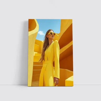 Woman Yellow Suit Geometric Architecture Blue Sky