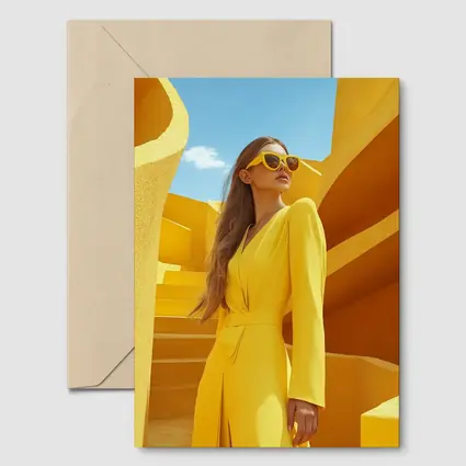 Woman Yellow Suit Geometric Architecture Blue Sky