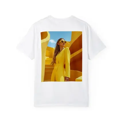 Woman Yellow Suit Geometric Architecture Blue Sky
