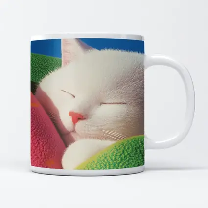 Sleeping White Cat Colorful Blankets Blue Sky