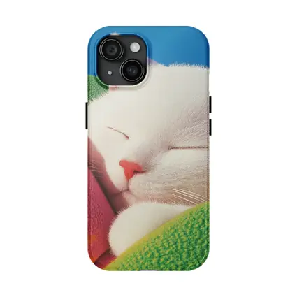 Sleeping White Cat Colorful Blankets Blue Sky