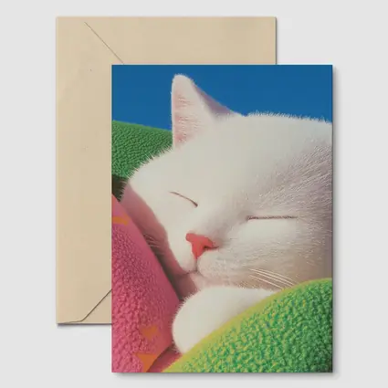 Sleeping White Cat Colorful Blankets Blue Sky