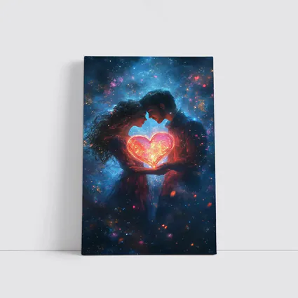 Couple Holding Glowing Heart Cosmic Galaxy