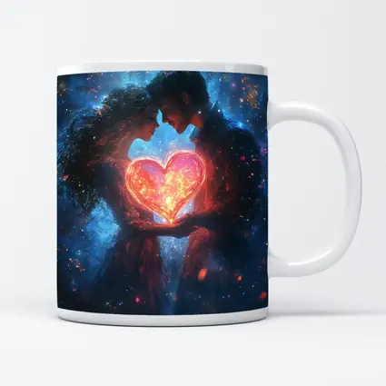 Couple Holding Glowing Heart Cosmic Galaxy