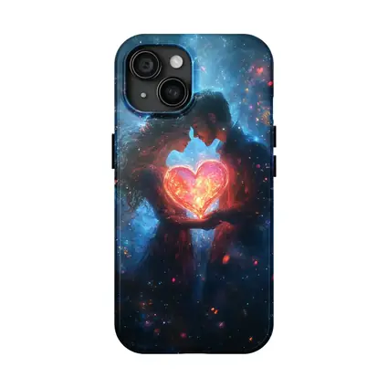 Couple Holding Glowing Heart Cosmic Galaxy