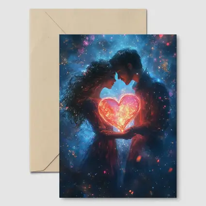 Couple Holding Glowing Heart Cosmic Galaxy