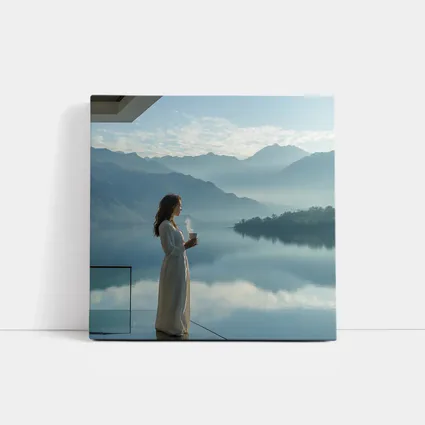 Woman With Coffee Mountain Lake Morning View