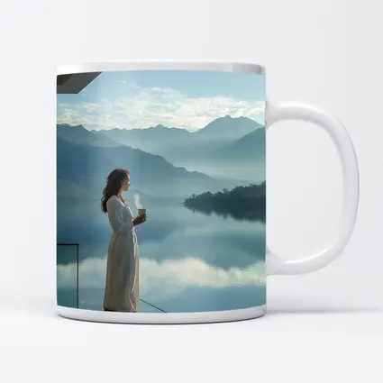 Woman With Coffee Mountain Lake Morning View