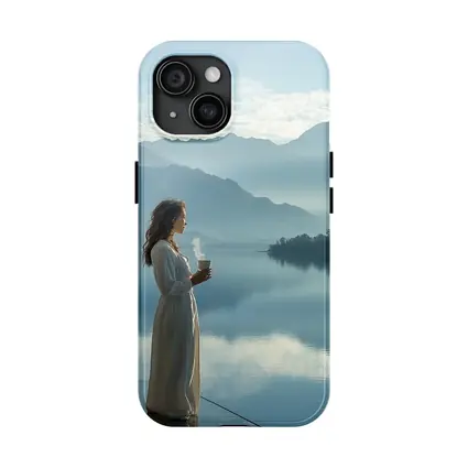 Woman With Coffee Mountain Lake Morning View