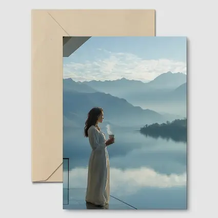 Woman With Coffee Mountain Lake Morning View