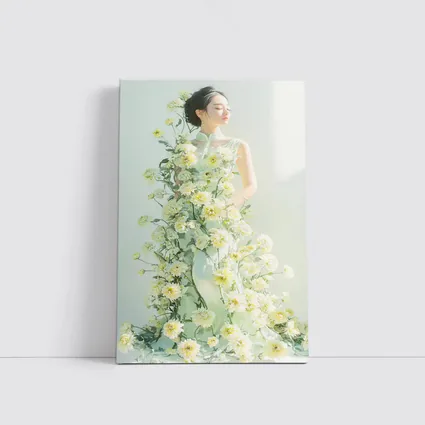 Asian Woman Green Dress White Flowers