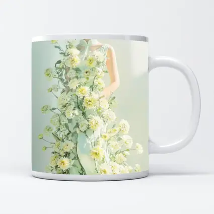 Asian Woman Green Dress White Flowers