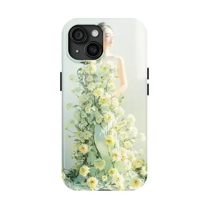 Asian Woman Green Dress White Flowers