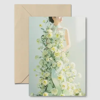 Asian Woman Green Dress White Flowers